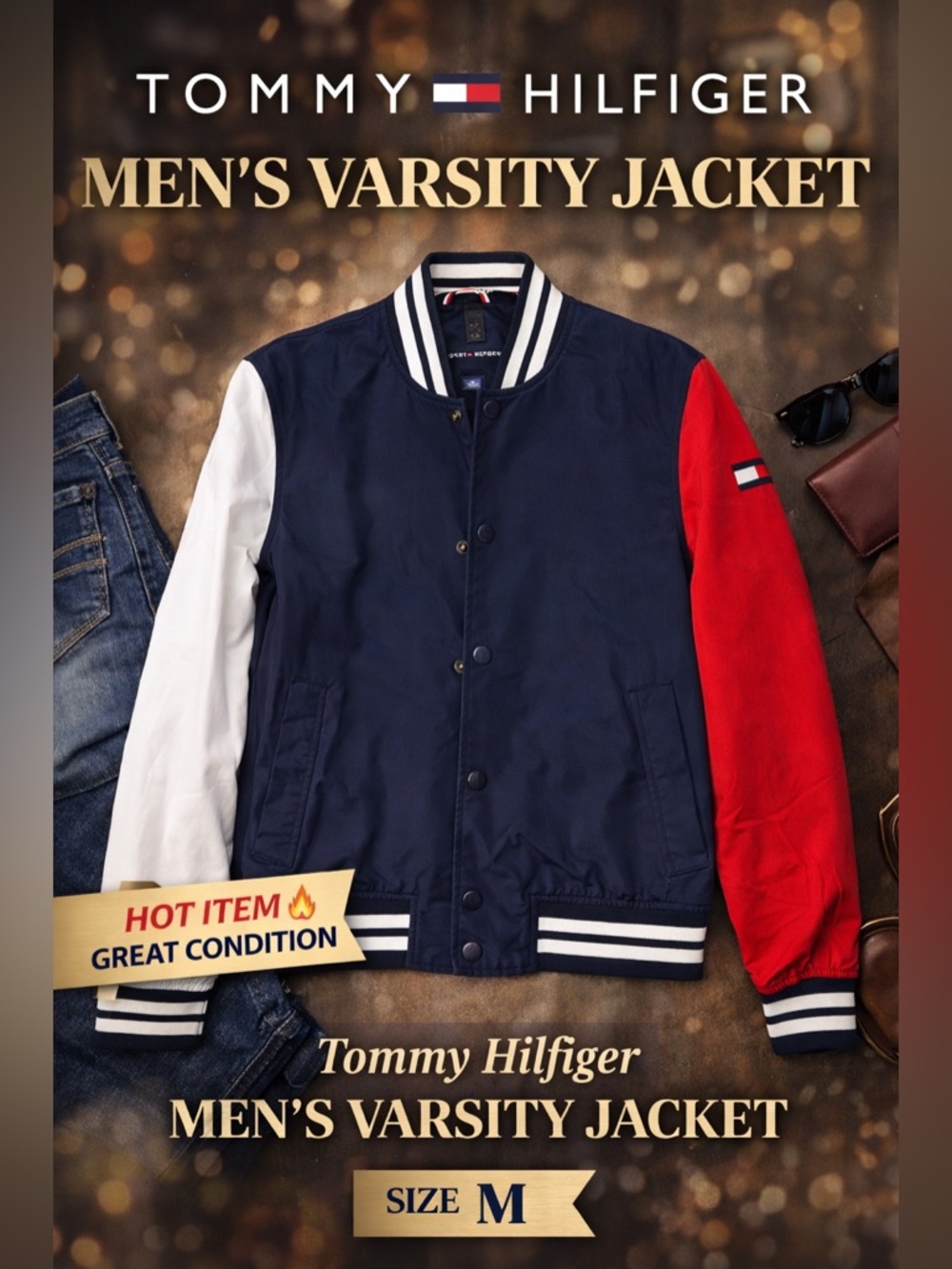 🚨Tommy Hilfiger Bomber Varsity Jacket M | Iconic Logo | Lightweight Streetwear